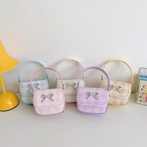 Sac À Main Mini Pour Enfants Cuir PU Motif Gingham Nœud En Métal Dentelle Chaîne Style Coréen Doux