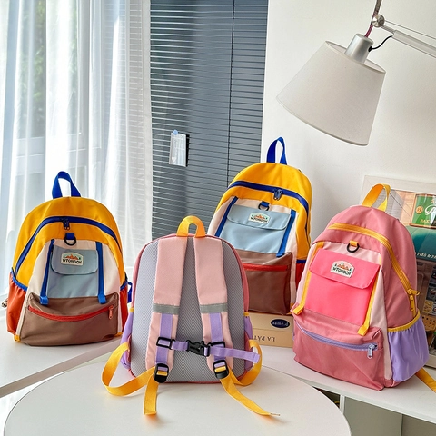 Mochila Escolar Para Niños Nylon Bloque De Color Gran Capacidad Multi Bolsillo Moda Para Niños Niñas