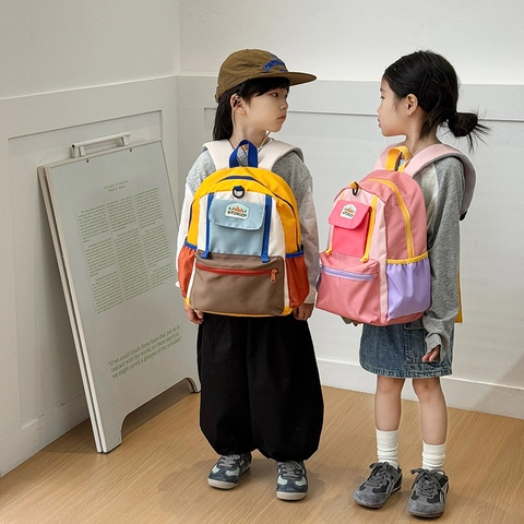 Mochila Escolar Para Niños Nylon Bloque De Color Gran Capacidad Multi Bolsillo Moda Para Niños Niñas