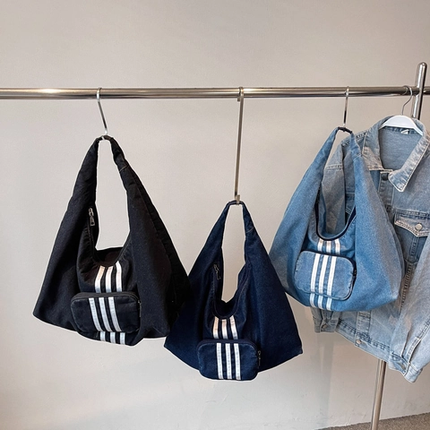 Large Capacity Denim Hobo Bag Vintage Wash Denim Shoulder Bag With Vertical Stripes Casual Commuting Tote For Women