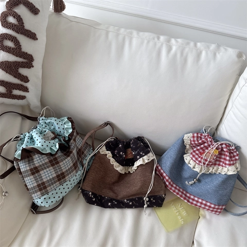 Kinder Rugzak Met Trekkoord Zoete Florale Ruit Nylon Denim Tas Met Kant Voor Peuters Japanse Bos Stijl