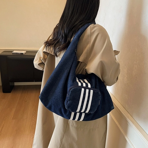 Large Capacity Denim Hobo Bag Vintage Wash Denim Shoulder Bag With Vertical Stripes Casual Commuting Tote For Women