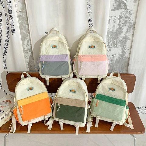 Mochila Infantil Nylon Color Contraste Bolsa Escolar Gran Capacidad Ligera Transpirable Para Jardín De Infancia Niños Niñas