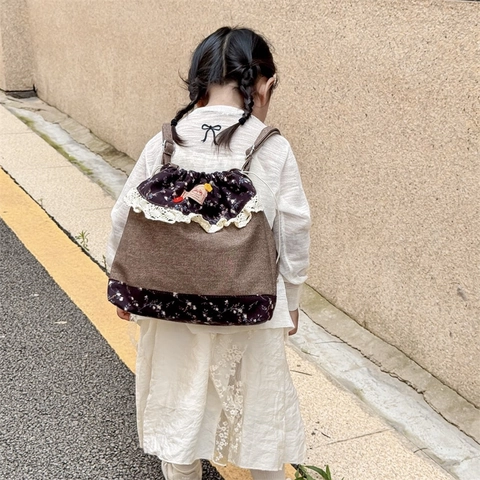 Kinder Rugzak Met Trekkoord Zoete Florale Ruit Nylon Denim Tas Met Kant Voor Peuters Japanse Bos Stijl