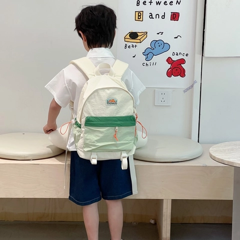 Mochila Infantil Nylon Color Contraste Bolsa Escolar Gran Capacidad Ligera Transpirable Para Jardín De Infancia Niños Niñas
