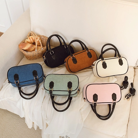 Kids Corduroy Shoulder Handbag Striped Macaron Colors Boston Bag For Boys Girls Autumn Winter Fashion