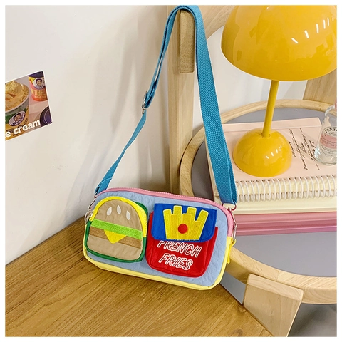 Kids Shoulder Bag Nylon Cartoon Burger Fries Patch Multicolor Crossbody Bag For Boys Girls Adjustable Strap Cute