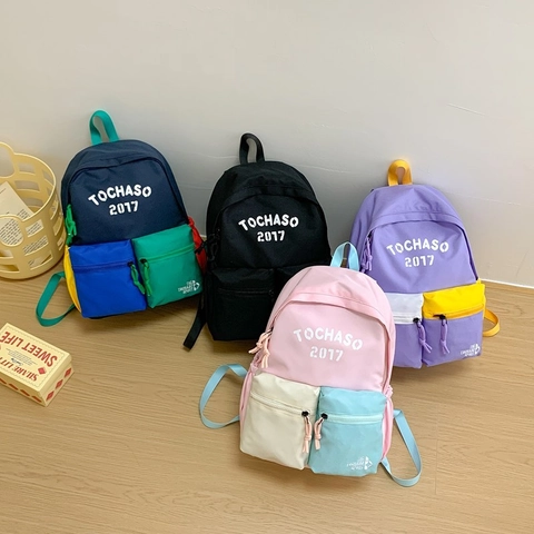 Mochila Niños Lona Bloque De Color Gran Kapazität Escuela Moda Impresión Letras Para Niños Y Niñas