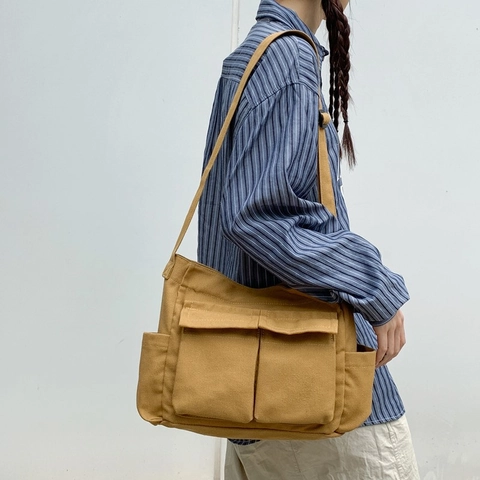 Canvas Umhängetasche Große Kapazität Multi Tasche Messenger Bag Japanischer Workwear Stil Lässig Reise
