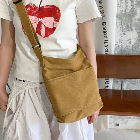 Casual Canvas Crossbody Bag For Women Solid Color Minimalist Lightweight Shoulder Bag With Adjustable Strap And Front Pockets