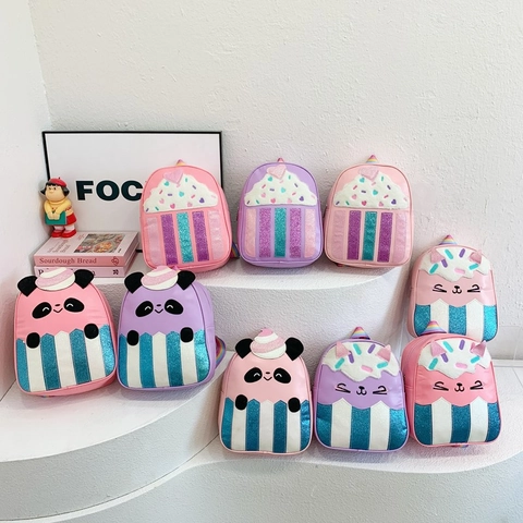 Sac À Dos Enfant Cuir PU Paillettes Dessin Animé Panda Cupcake Chat Design Mignon Bretelles Arc En Ciel Pour Petites Filles
