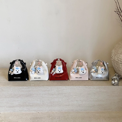 Kids Mini Schoudertas Glanzend PU Lakleer Crossbody Handtas Met Pluche Puppy Bedel Schattige Kleine Tas Jongens Meisjes
