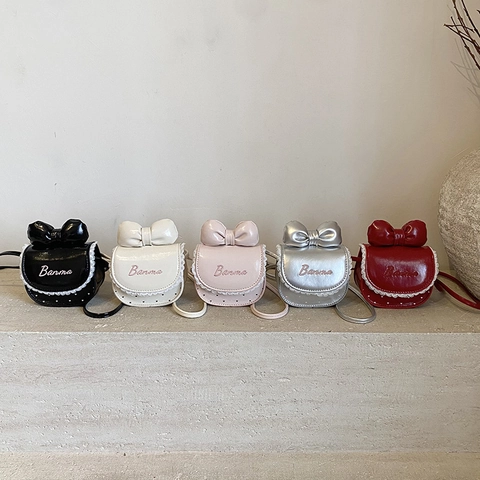 Mini Bolso Bandolera Para Niñas Cuero PU Dulce Lazo Encaje Lunares Patrón Corazón Princesa Bolso De Hombro