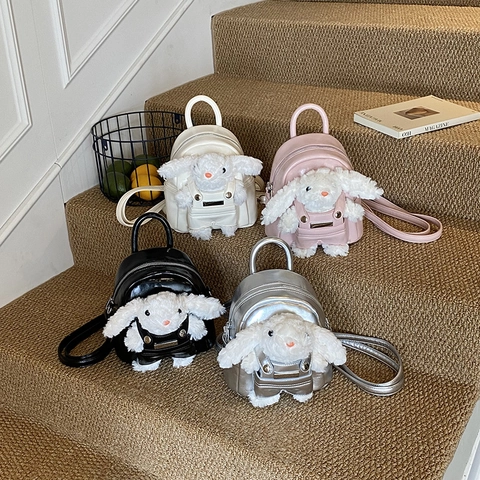 Mini Backpack PU Leather Sweet Cute 3D Plush Rabbit Doll Decor Kawaii Fashion Rucksack For Women Girls