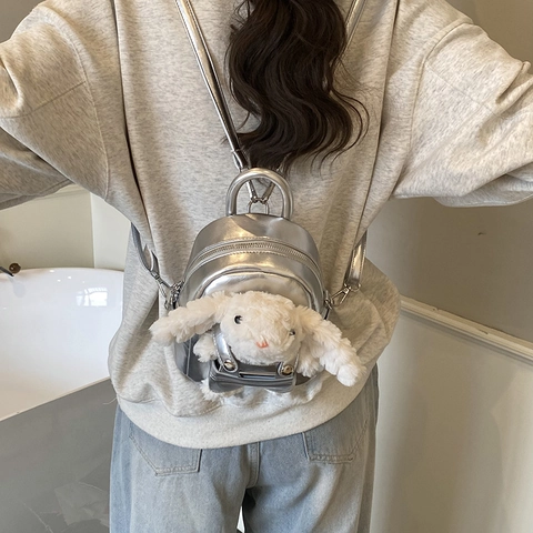 Mini Backpack PU Leather Sweet Cute 3D Plush Rabbit Doll Decor Kawaii Fashion Rucksack For Women Girls