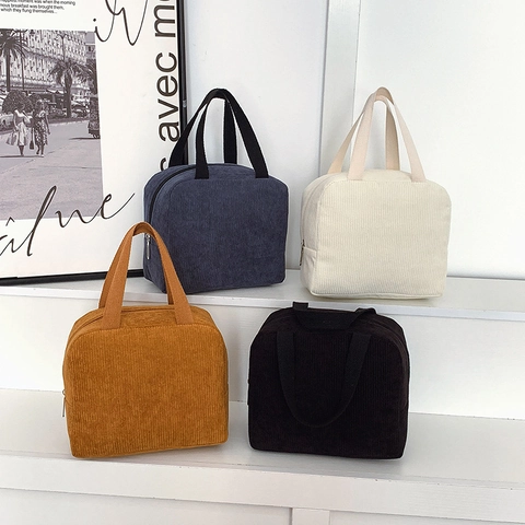 Bolso De Mano De Pana Mujer Gran Capacidad Bolsa De Almuerzo Tote Simple Cierre De Cremallera Color Sólido
