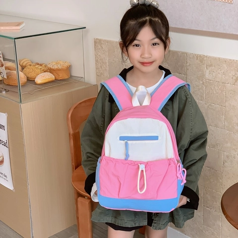 Mochila Escolar Para Niños Nylon Bloque De Color Gran Capacidad Transpirable Para Niños Niñas