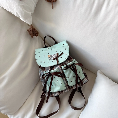 Kids Backpack Cute Plaid Bowknot Mint Green Star Print Nylon School Bag For Boys Girls Preppy Style