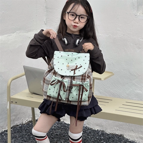 Kids Backpack Cute Plaid Bowknot Mint Green Star Print Nylon School Bag For Boys Girls Preppy Style