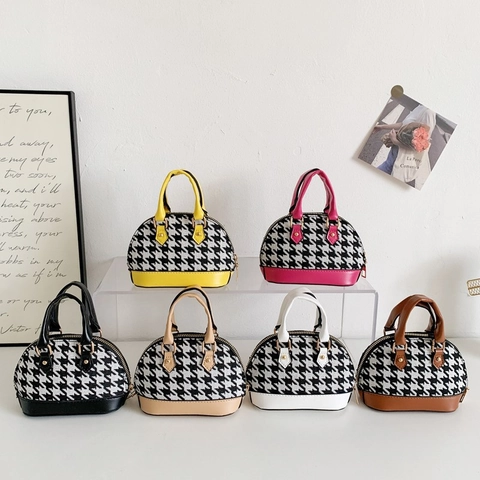 Kids Mini Crossbody Handbag PU Leather Fabric Houndstooth Shell Shaped Gold Chain Strap Fashion Accessory