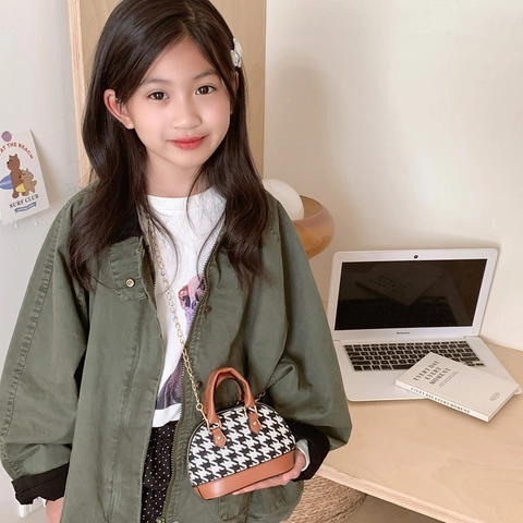 Kids Mini Crossbody Handbag PU Leather Fabric Houndstooth Shell Shaped Gold Chain Strap Fashion Accessory