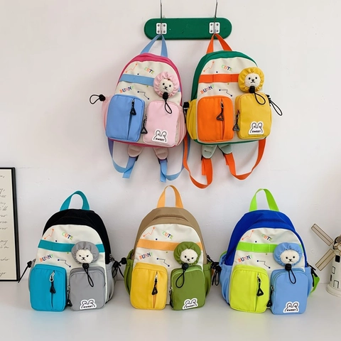 Mochila Para Niños Nylon Bloque De Color Múltiples Bolsillos Bolsa Escolar Decoración Conejo Dibujos Animados Niños Niñas