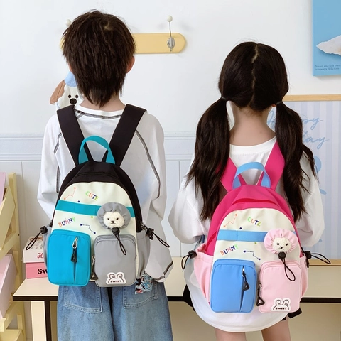 Mochila Para Niños Nylon Bloque De Color Múltiples Bolsillos Bolsa Escolar Decoración Conejo Dibujos Animados Niños Niñas