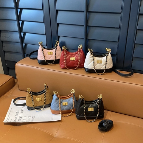 Kids Mini Crossbody Bag Quilted Rhombus Pattern PU Leather Denim Suede Fashion Accessory Chain Strap Square Lock Toddlers