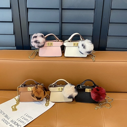 Mini Borsa A Tracolla Pelle PU Simpatico Pompon Catena Metallo Borsa A Mano Trendy Per Bambini Piccoli