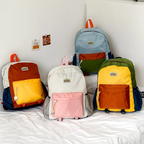 Kids Backpack Nylon Color Block Breathable School Bag For Boys Girls Kindergarten Elementary Students Outdoor Travel