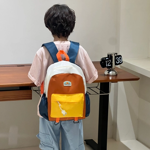 Kids Backpack Nylon Color Block Breathable School Bag For Boys Girls Kindergarten Elementary Students Outdoor Travel