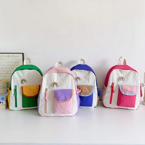 Mochila Para Niños Nylon Ligero Bloque De Color Parche De Arcoíris Bolsa Escolar Viaje Para Preescolar Niños Niñas