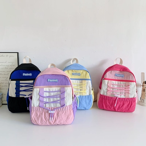 Mochila Para Niños De Nailon Bolsa Escolar Bloque De Color Gran Capacidad Cordón Deportivo Niños Niñas Estudiantes Moda