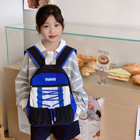 Mochila Para Niños De Nailon Bolsa Escolar Bloque De Color Gran Capacidad Cordón Deportivo Niños Niñas Estudiantes Moda