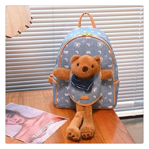 Sac À Dos Mignon Ours Dessin Animé Denim Cuir Synthétique Scolaire Décontracté Pour Filles Enfants Nouveauté