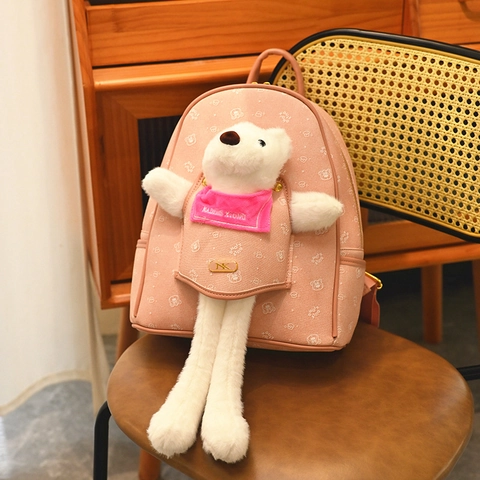 Cute Cartoon Bear Backpack Large Capacity Denim Synthetic Leather School Bag With 3D Plush Teddy Decor For Girls Student