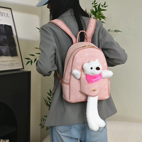 Cute Cartoon Bear Backpack Large Capacity Denim Synthetic Leather School Bag With 3D Plush Teddy Decor For Girls Student