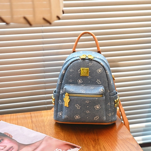 Mini Rugzak Dames Schattige Beer Print Denim PU Leer Kleine Rugzak Gouden Klinknagels Mode School