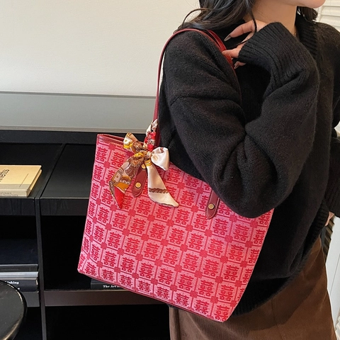 Bolso Tote De Jacquard Para Mujer Con Patrón De Caracteres Chinos Bolso De Hombro Con Decoración De Pañuelo De Satén Para Banquete De Boda