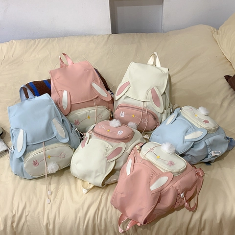 Mochila Con Orejas De Conejo Nylon Gran Capacidad Bolsa Escolar Para Niñas Estudiantes Estilo Japonés Con Pompón