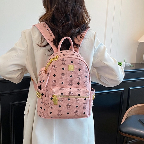 Zaino Da Donna In Pelle PU Moda Stampa Orso Carino Motivo A Diamante Decorazione Borchie Borsa Da Scuola Viaggio