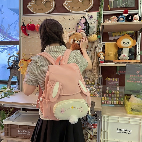 Mochila Con Orejas De Conejo Nylon Gran Capacidad Bolsa Escolar Para Niñas Estudiantes Estilo Japonés Con Pompón