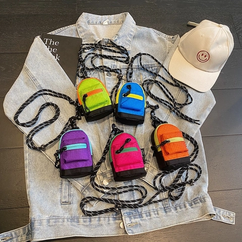Mini Mochila Forma Monedero Niños Color Contraste Lona Bolsa Colgante Cuello Para Auriculares Llaves