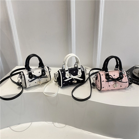 Mini Sac Bandoulière Fille Cuir PU Nœud Doux Pendentif Cœur Cylindre Boston Sac À Main Mode Pour Enfants Tout-Petits