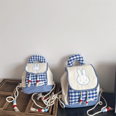 Rabbit Embroidery Gingham Canvas Drawstring Backpack Cute Casual Kids School Bag