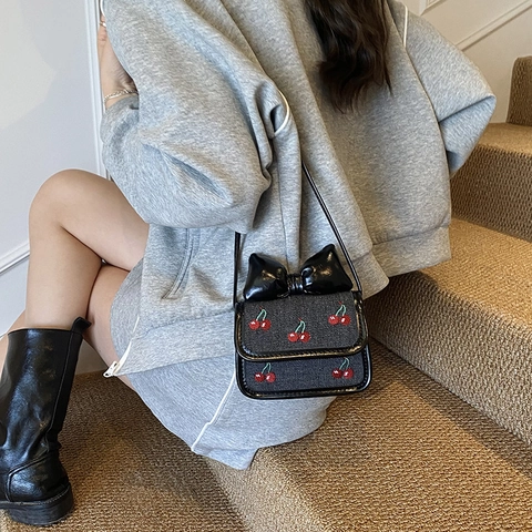 Borsa Tracolla Bambina Mini Ricamo Ciliegia Denim PU Fiocco Decor Piccola Borsa A Spalla Per Ragazze Moda