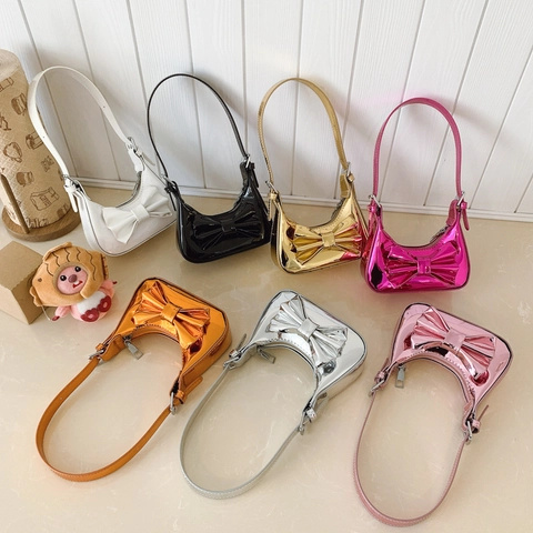 Kids Metallic Mirror PU Leather Bow Shoulder Bag Sweet Cute Underarm Handbag Half Moon For Girls