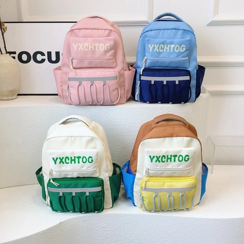 Mochila Para Niños Nylon Color De Contraste Estampado De Letras Gran Capacidad Tira Reflectante Escolar Niños Niñas