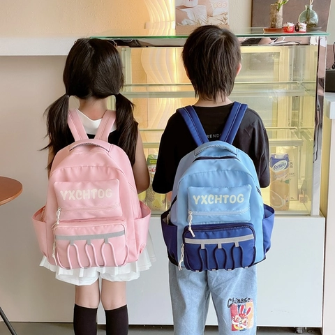 Mochila Para Niños Nylon Color De Contraste Estampado De Letras Gran Capacidad Tira Reflectante Escolar Niños Niñas