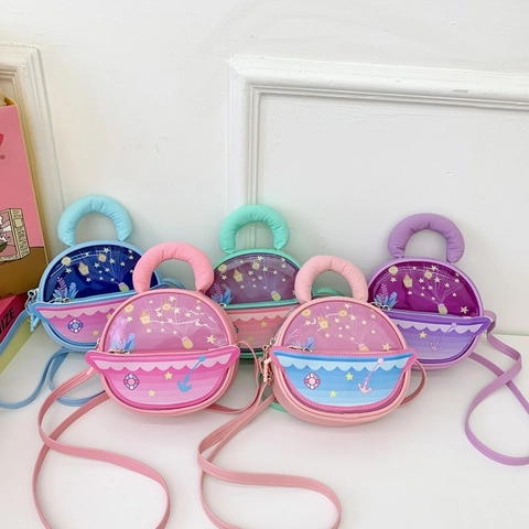 Bolso De Hombro Para Niños Cuero PU PVC Transparente Dibujos Animados Estrella Sirena Redondo Bolso Para Niñas Pequeñas